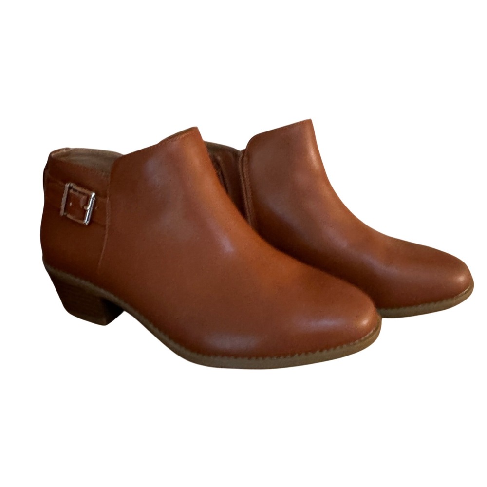 Vionic Millie Ankle Boots Women 9 Wide Brown Leather Buckle Side Zip Block Heel